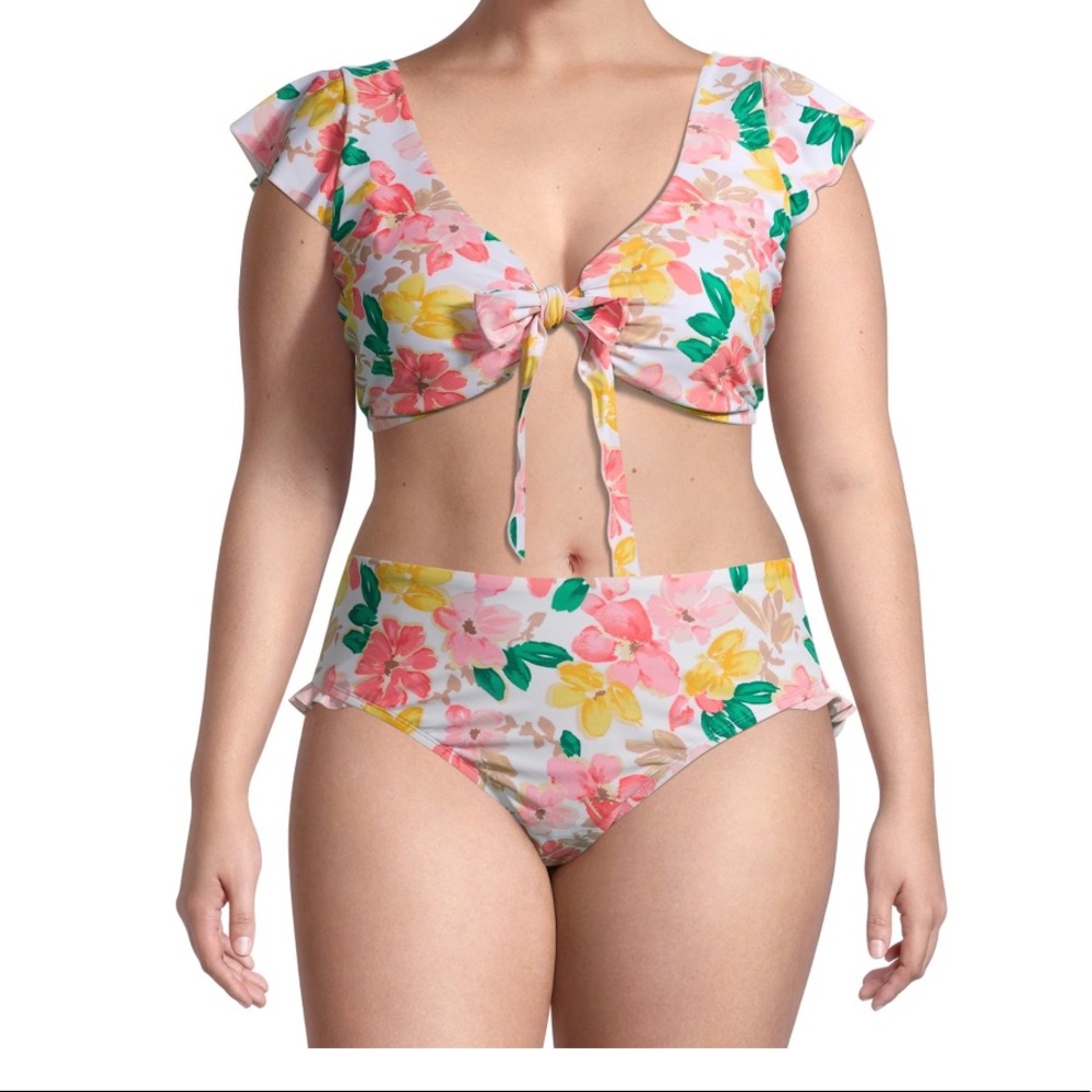 Time and Tru Plus Size Cap Sleeve Tie-Front Swimsuit Bikini Top & Bottom 16/18